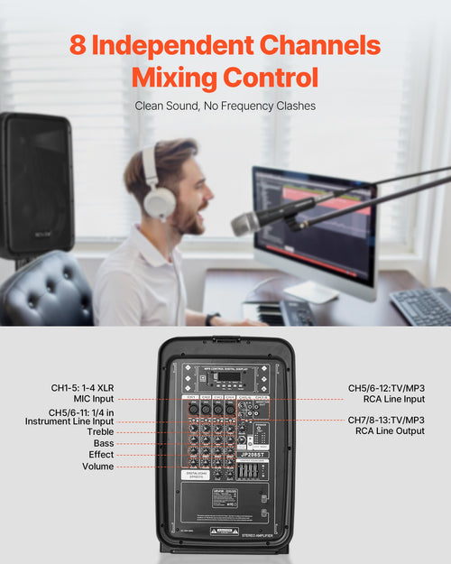 2 X 8 In Speakers Portable PA System 300W Mixer Bluetooth Mic For DJ Party